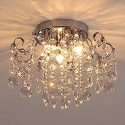 Q&S Small Crystal Chandelier Flush Mount Ceiling Light 3 Lights Modern Chrome Iron Raindrop Crystal Ceiling Fixture for Bedroom Hallway Closet Entryway Stairs