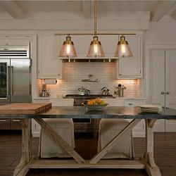 Rustic Farmhouse Glass Kitchen Island Lighting, Amber Crackle Glass Linear Chandelier, 3 Lights Adjustable Rods Industrial Pendant Light Fixture for Kitchen Island Dining Room, Antique Gold