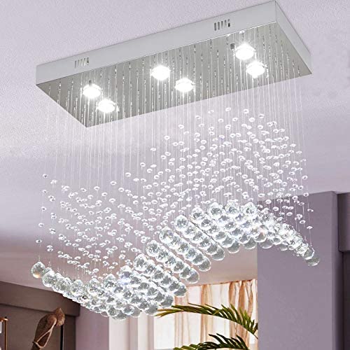 COTULIN Modern Crystal Raindrop Chandelier Rectangle Flush Mount Ceiling Light Fixture for Kitchen Island Dining Room Living Room,Delicate Wave Raindrop Pendent Light H25.6''W11.8''L29.5''