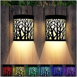 DenicMic Solar Wall Lights Outdoor Fence Solar Lights for Deck Patio Stairs Step Backyard LED Forest Night Lights, Waterproof, Warm White/Color Changing (2 Pack)