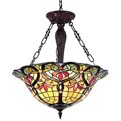 Capulina Tiffany Dining Table Lights, 3-Light Hanging Tiffany Style Lamp, 18.1 Inch Wide Stained Glass Dining Room Lights, Pendant Lights, Victorian Tiffany Hanging Light