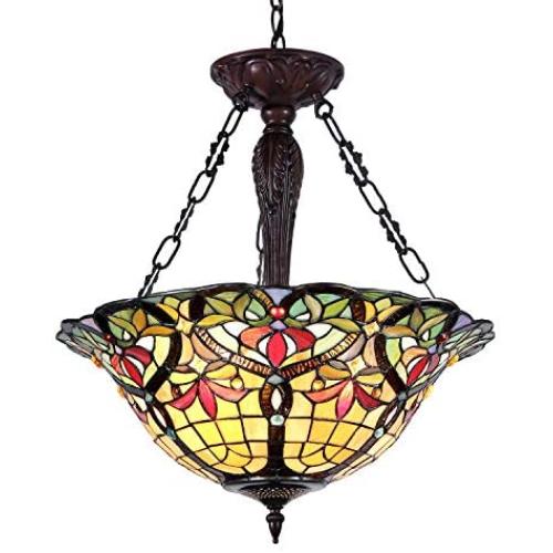 Capulina Tiffany Dining Table Lights, 3-Light Hanging Tiffany Style Lamp, 18.1 Inch Wide Stained Glass Dining Room Lights, Pendant Lights, Victorian Tiffany Hanging Light