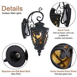 Goalplus Outdoor Wall Lantern for Porch Patio Exterior Light with Wall Mount, Black Outdoor Porch Light Fixture with Amber Seeded Glass, 60W E26 IP44 Waterproof, Hight, 22 1/2'' High, LM0301-DN-L