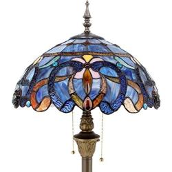 Tiffany Style Floor Lamp W16H64 Inch Tall Blue Purple Clouldy Stained Glass Shade 2E26 Antique Standing Reading Lighting Base S558 WERFACTORY LAMPS Bedroom Living Room Coffee Bedside Table Lover Gifts