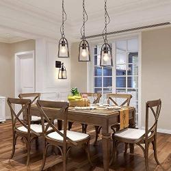 NEWSEE Vintage Pendant Light Industrial Iron Lantern Hanging Lighting Fixture Adjustable Height， Metal Cage Chandelier Clear Glass for Dining Room Kitchen Island Farmhouse Entryway (Pendant 3 Light)