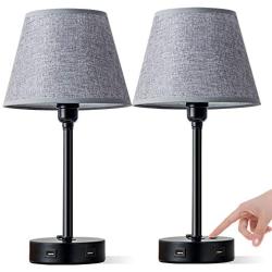 Focondot Touch Control Lamps, Built in 2 USB ports and 1 AC Outlet Bedside Table Lamp, Gray Nightstand Lamps Include 2 Dimmable Edison LED Bulbs, Ideal USB Lamps for Bedroom Living Room Office(2 Pack)