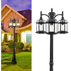 CINOTON Outdoor Lamp Post Light, 3-Head Surface-Mount Post Waterproof Outside Pole Light Aluminum, Black Birdcage Design Outdoor Street Light Pole Lamp Triple-Head for Backyard, Patio, Garden, Walkway