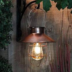 pearlstar Solar Lantern Outdoor Hanging Light Rustic Solar Lamp with Warm White Edison Bulb Design for Garden Yard Patio Porch Decor(Copper,)