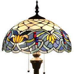 Tiffany Style Floor Standing Lamp W16H64 Inch Tall Blue Lotus Stained Glass Shade 2E26 Antique Reading Lighting Base S220 WERFACTORY LAMPS Bedroom Living Room Bedside Coffee Table Bookcase Lover Gifts