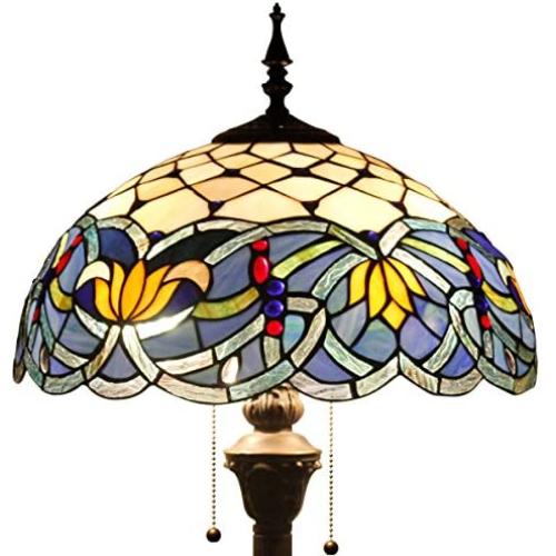 Tiffany Style Floor Standing Lamp W16H64 Inch Tall Blue Lotus Stained Glass Shade 2E26 Antique Reading Lighting Base S220 WERFACTORY LAMPS Bedroom Living Room Bedside Coffee Table Bookcase Lover Gifts