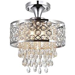 Maxax Flush Mount Crystal Chandeliers with 5 Lights Pendant Light with Crystal Drops,Ceiling Light Fixture for Dining Room, Bedroom, Living Room (Chrome)