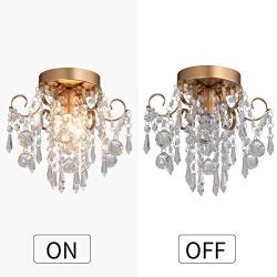 Q&S Mini Chandelier Crystal Ceiling Light ,Small Flush Mount Chandelier,Entryway Bedroom Barthroom Hallway Gold Light Fixture