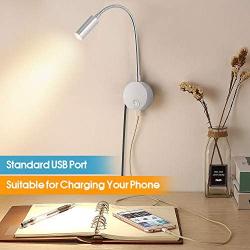 Plug-in Bedside Reading Wall Light with USB Charging Port, LED Wall Mounted Lamp, Flexible Wall Sconce, Brushed Nickel Finished (3W Warm White)