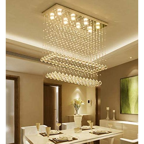 Moooni Modern Rectangular Raindrop Crystal Chandelier Ceiling Lighting Fixture Pendant Flush Mount LED Light Rectangle Chandeliers for Dining Rooms 8-Lights L 31.5''x W 12''x H 31.5''