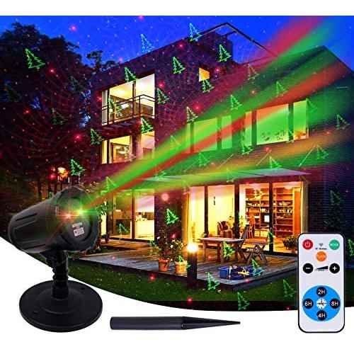 Xmas Red & Green Projector Outdoor Light for House, Holiday, Christmas, Party, Halloween Decoration, Gift, IP44 Waterproof, Wireless Remote Control (12 Illusions)