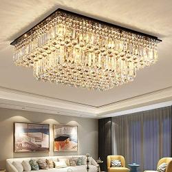 Moooni Modern Luxury Rectangular Crystal Chandelier Flush Mount Raindrop Ceiling Light Fixture for Dining Rooms Living Rooms Hotel Rectangle Chandeliers L35.4''x W 27.6''x H 14''