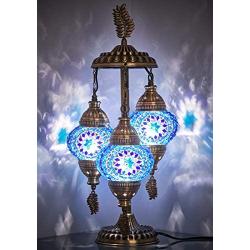 DEMMEX 2020 Stunning 3 Globe Turkish Moroccan Bohemian Table Desk Bedside Night Lamp Light Lampshade with North American Plug & Socket, 21 Inches (Blue Space)