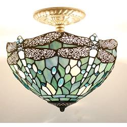 Tiffany Ceiling Fixture Light W12H11 Inch Semi Flush Mount Sea Blue Stained Glass Crystal Bead Dragonfly Lampshade S147 WERFACTORY Lamps Kid Living Room Bedroom Kitchen Island Bar Hallway
