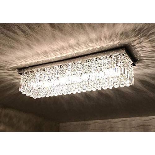 7PM W47'' x D10'' Modern Rain Drop Rectangle Clear K9 Crystal Chandelier Ceiling Lamp Lighting Fixture 10 Lights for Dining Living Bedroom Room Chrome Frame Flush Mount