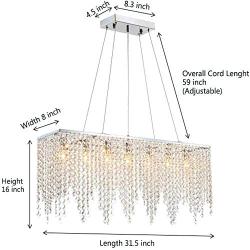 APBEAMLighting Rectangular Crystal Chandelier Modern Linear Pendant Light Flush Mount Raindrop Island Lighting Fixture for Dining Room Restaurant Living Room 7 Lights