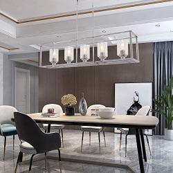 VINLUZ Rectangle Dining Room Chandelier Classic Pendant Lighting for Kitchen Island,Chrome Finish with Clear Glass Shade Adjustable Height Hanging Ceiling Light