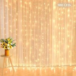 Curtain Lights String, 20 ft x 10 ft 600 Led Backdrop Lights Low Voltage Icicle Lights with 8 Display Modes for Wedding Party Bedroom Wall Valentine 2021 New Year Indoor Outdoor Decoration, Warm White