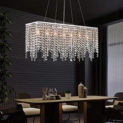 APBEAMLighting Rectangular Crystal Chandelier Modern Linear Pendant Light Flush Mount Raindrop Island Lighting Fixture for Dining Room Restaurant Living Room 7 Lights