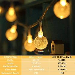 MOICO Globe String Lights for Bedroom, 43ft 100 LED 8 Modes Plug in Decorative Lights, Waterproof Fairy String Lights for Patio, Indoor, Outdoor, Christmas, Wedding, Party, Connectable, Warm White