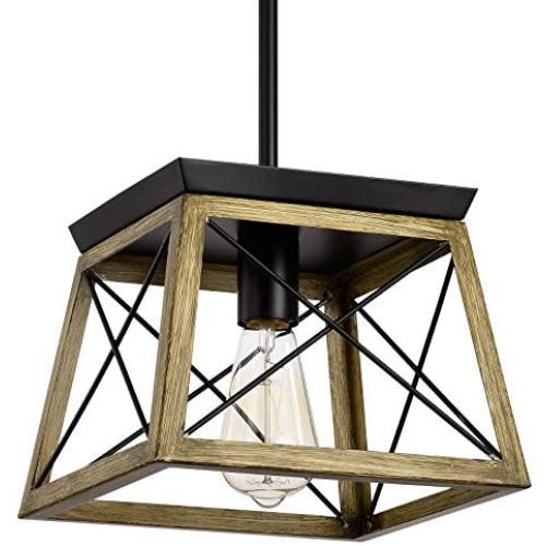 ACLand Pendant Light Fixture 1-Light Ceiling Hanging Lamps for Farmhouse Indoor Kitchen Island Dining Living Room Bar, Wood Texture and Matte Black