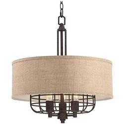 Tremont Rust Cage Pendant Chandelier 20'' Wide Industrial Rustic Tan Burlap Drum Shade 3-Light Fixture for Dining Room House Foyer Kitchen Island Entryway Bedroom Living Room - Franklin Iron Works