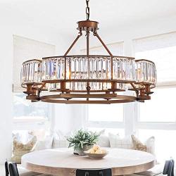 NOXARTE Round Crystal Chandelier Vintage LED Dimmable Hanging Ceiling Light with Adjustable Chain for Dining Room Bedroom Farmhouse Brown
