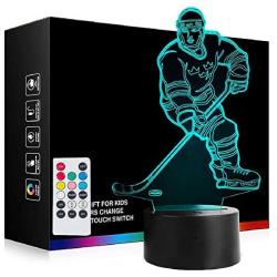 [ 7 Colors/3 Working Modes/Timer Function] Ice Hockey Player Night Light for Kids, Dimmable Remote &Touch Control Night Lights LED Bedside Lamp for Hockey Lovers Fans