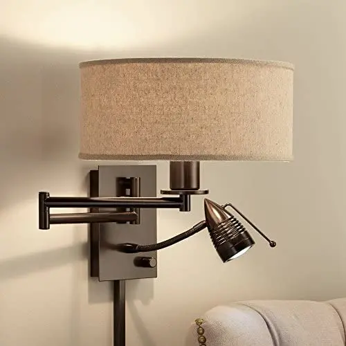 Radix Modern Swing Arm Wall Lamp LED Bronze Plug-in Light Fixture Oatmeal Fabric Drum Shade for Bedroom Bedside Living Room Reading - Possini Euro Design Radix Modern Swing Arm Wall Lamp LED Bronze Plug-in Light Fixture Oatmeal Fabric Drum Shade for Bedroom Bedside Living Room Reading - Possini Euro Design