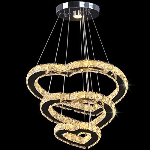 Winretro Modern Crystal 3 Heart Rings LED Chandelier Light Fixture Pendant Lighting Hanging Lamp for Living Room Dining Room Kitchen Bedroom (Heart Warm White)