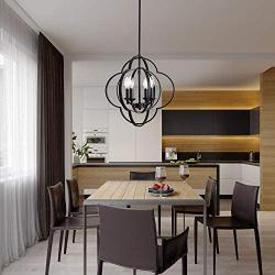 VINLUZ Farmhouse Chandeliers 4-Light Black Finish Metal Globe Orbits Kitchen Island Pendant Lighting with Pivoting Interlocking Rings, Modern Ceiling Hanging Lamp for Dining Room Bedroom Hallway