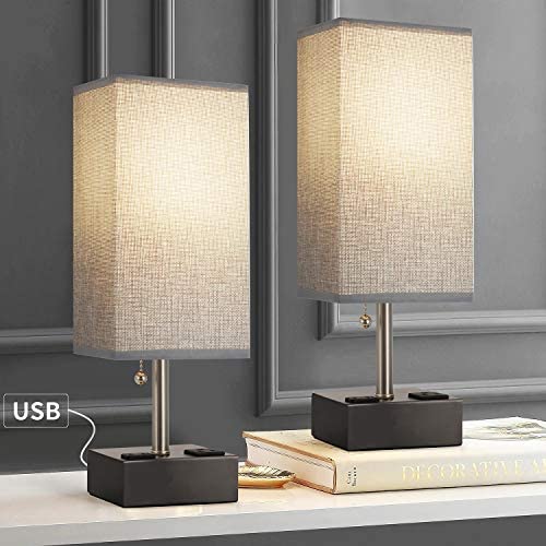 BOBOMOMO USB Table Lamp Set of 2 Bedside Lamps 15.5 with 2 USB Charging Ports & 2 Power Outlet Nightstand Lamp for Bedroom Living Room Study Room (Black&Gray)