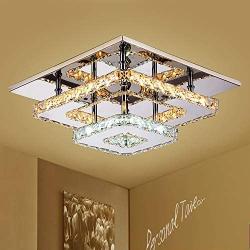 Xie Crystal LED Ceiling Light, 12 Inch Stainless Steel K9 Ceiling, No Opening Needed, Two-Story Square Pendant Lamp in Dining Room Living Room (36W / 6500K / Cold White) (Crystal Warm and White)