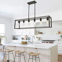 BONLICHT 6 Light Farmhouse Chandeliers Rectangle Oil Rubbed Bronze Dining Room Lighting Fixtures Hanging, Industrial Vintage Kitchen Island Cage Pendant Light Rustic Metal Flush Mount Ceiling Light
