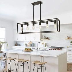 BONLICHT 6 Light Farmhouse Chandeliers Rectangle Oil Rubbed Bronze Dining Room Lighting Fixtures Hanging, Industrial Vintage Kitchen Island Cage Pendant Light Rustic Metal Flush Mount Ceiling Light