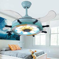 Lighting Groups 42 Inch Blue Reversible Ceiling Fan Lights Pirate Ship Steering Wheel LED Retractable Fan Chandelier for Kids Room Dining Room Livingroom Ceiling Lights Children Bedroom Stealth Ceiling Light with Fans (Blue)