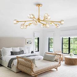 Siljoy Mid-Century Sputnik Crystal Chandeliers Art Decor Led Semi-Flush Mount Pendant Ceiling Light Fixture for Kitchen Island Dining Room Living Room L39'', 15- Lights Gold