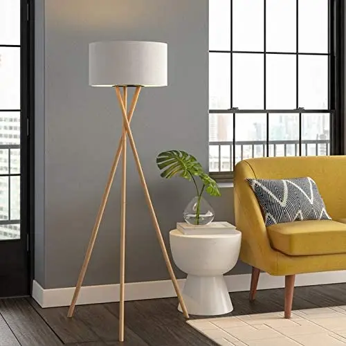Archiology Tripod Floor Lamp - Modern Wood Floor Lamp with White Drum Shade and E26 Lamp Base,Perfect for Living Room, Bedroom, Study Room and Office