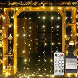 YASENN 300LED 9.8 x 9.8Ft Curtain Lights 12 Modes Music sync Effect String Lights with Timer Fairy Lights Remote Control for Window Curtain Wedding Party Wall Bedroom Backdrop Decoration (Warm White)