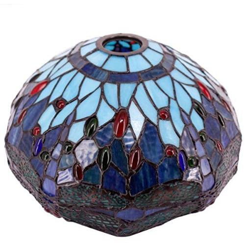 Tiffany Lamp Shade Replacement Only W12H6 Inch Blue Stained Glass Dragonfly Lampshade Center Circle Hole 42MM for Floor Arch Lamp Torchiere Lamp Ceiling Fixture Pendant Light S004 WERFACTORY Study