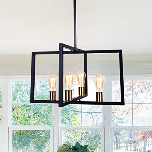 OYIPRO Modern Dining Room Pendant Light, 4 Lights Industrial Kitchen Island Lighting Fixtures Hanging Ceiling Frame Brass Chandelier Farmhouse Black
