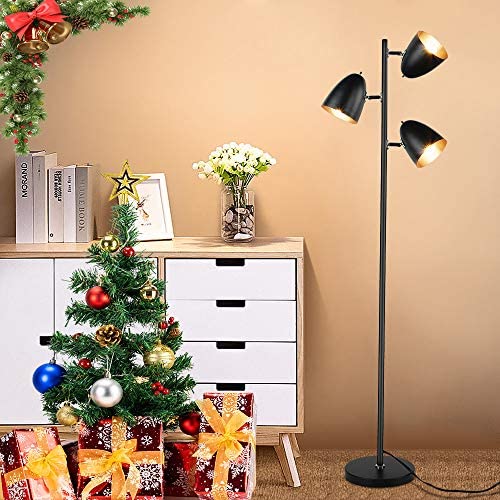 DLLT Tree Floor Lamp, 3-Light Industrial Standing Lamp, Modern Reading Floor Lamp with Adjustable Metal Heads, Black Pole Tall Floor Light for Living Room, Bedroom, Office, E26 Base (Bulbs Include)