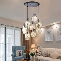 SAM Vintage Kitchen Chandelier, 8-Lights Island Cognac Glass Cluster Pendant Chandelier Antique, Antique Black Finish Ceiling Lights for Dining Room, Cafe, Bar