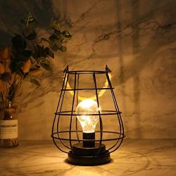 JHY DESIGN 8.5'' Cage Bulb Lantern Decorative Lamp Battery Powered Cordless Accent Light with Warm White Fairy Lights LED Edison Bulb Lamp for Living Room Bedroom Kitchen Wedding & Christmas (Black)