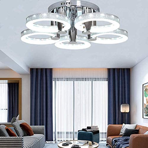 Healer LED Ceiling Light Fixture Semi Flush Mount with 5 Rings Cool Lights, Modern Chandelier Lighting Pendant Lamp for Living Room Dining Room Kitchen