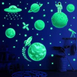 Glow in The Dark Stars for Ceiling, Solar System Wall Stickers for Kids, Planet Wall Decals, Glowing Stars, Space Decor for Boys Room, Galaxy Astronaut Rocket Spacecraft Alien Decoration